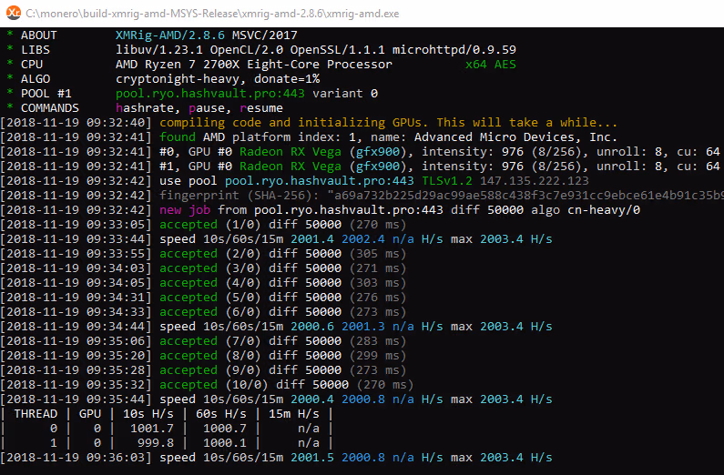 XMRig terminal window showing mining status